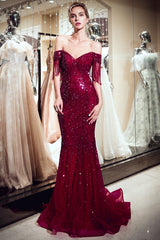 Sparkly Red Crystal Off Shoulder Evening Dresses | Mermaid Evening Gowns with Tassels