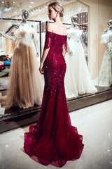 Sparkly Red Crystal Off Shoulder Evening Dresses | Mermaid Evening Gowns with Tassels