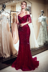 Sparkly Red Crystal Off Shoulder Evening Dresses | Mermaid Evening Gowns with Tassels