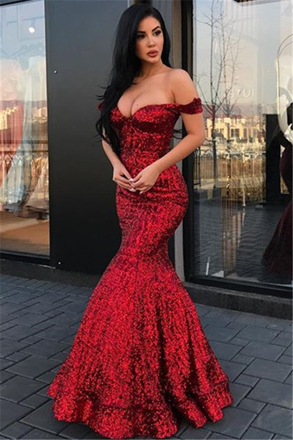 Sparkly Red Sequined Off Shoulder Evening Dresses | Mermaid Floor Length Prom Dresses