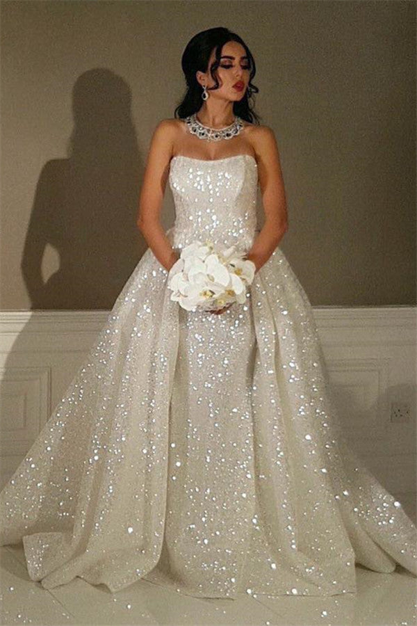 Sparkly Sequins Overskirt Wedding Dresses | Strapless Luxury Sexy Bride Dresses Online