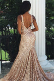Sparkly Sequins Sleeveless Backless V-Neck Mermaid Prom Dresses