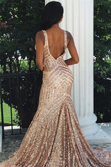 Sparkly Sequins Sleeveless Backless V-Neck Mermaid Prom Dresses