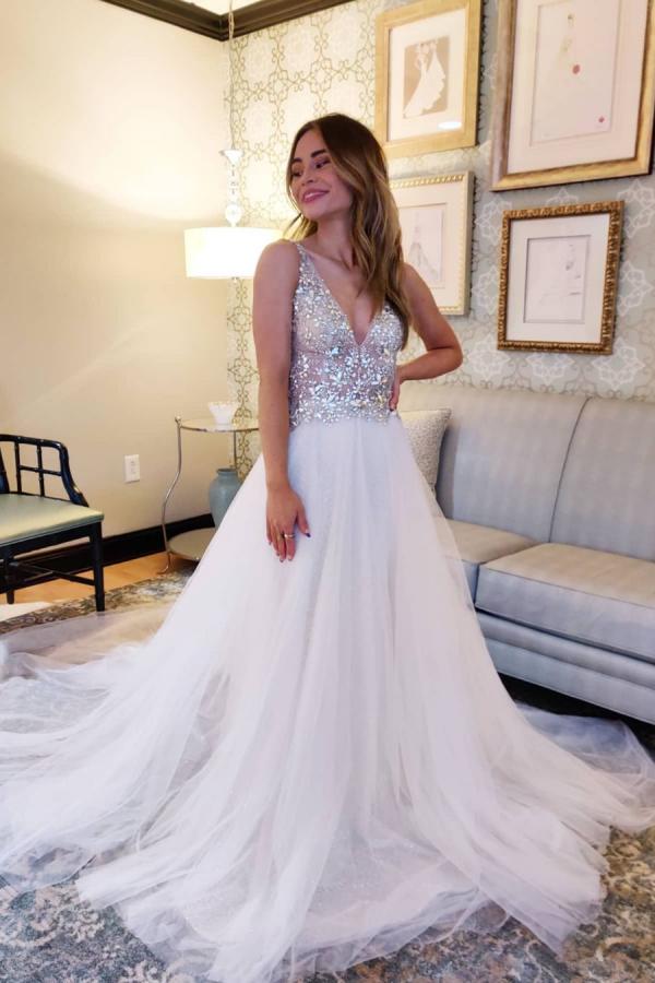 Sparkly Sequins V-Neck Backless Wedding Dress