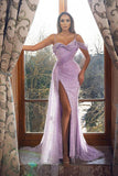 Sphaghetti Straps Tulle High Split Purple Sequins Mermaid Prom Dresses