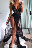 Split Black V-Neck Prom Dresses | Tulle Sexy Sleeveless Lace Dresses