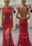 Split Red Long Mermaid Prom Dress Sexy Backless Lace Prom Dresses