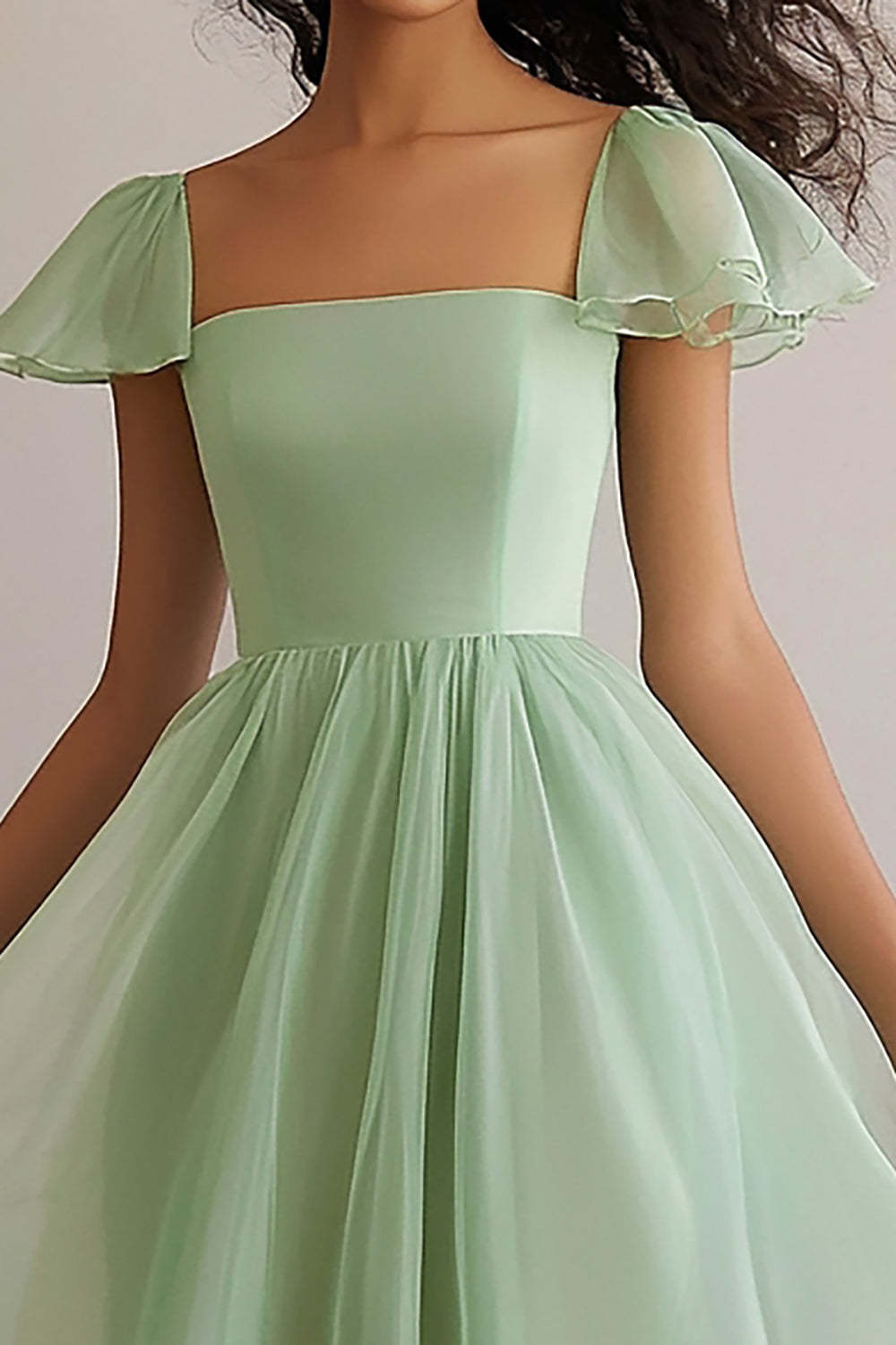 Square Neck Long A Line Light Green Wedding Guest Dress Formal Dress