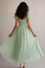 Square Neck Long A Line Light Green Wedding Guest Dress Formal Dress