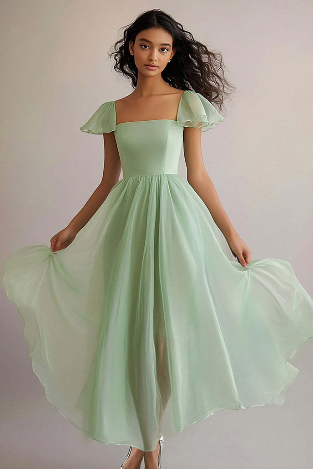Square Neck Long A Line Light Green Wedding Guest Dress Formal Dress