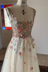 Square Neck Prom Dress A Line Champagne Tulle Sleeveless Formal Dress