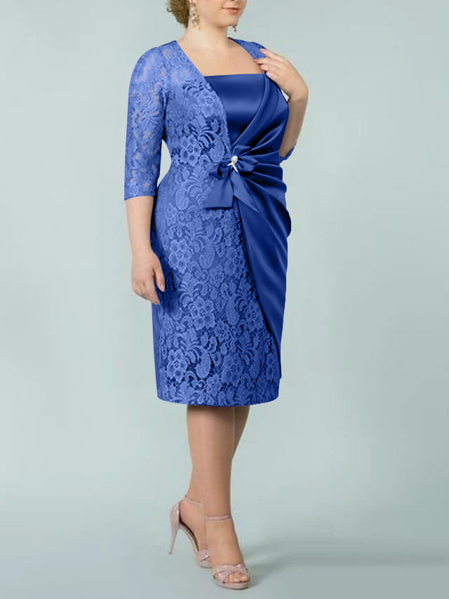 Square Neck Tea Length Sheath Column Dress for the Mother of the Bride