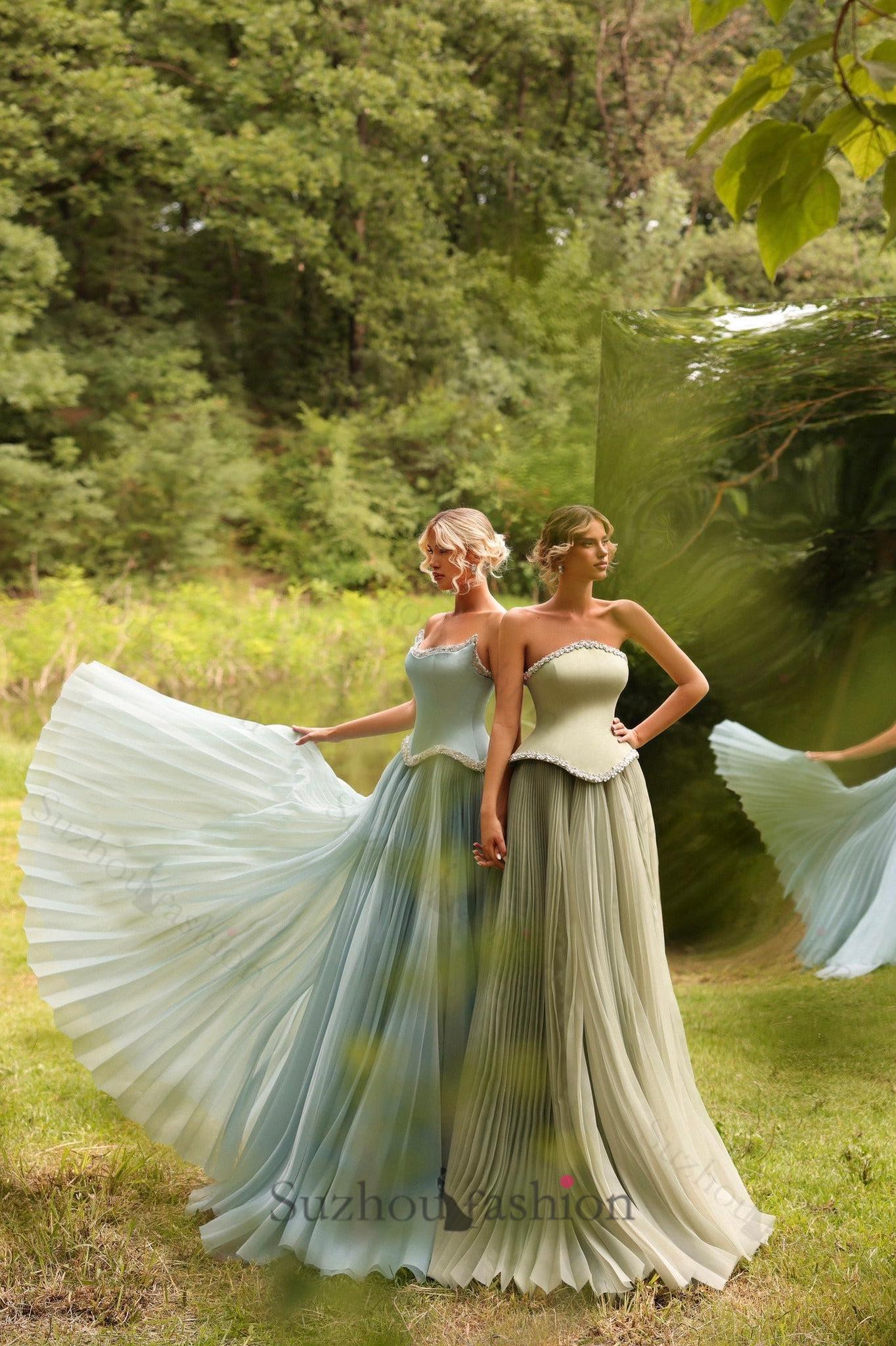 Suzhoufashion Women Strapless A Line Formal Dress Beaded Green Corset Prom  Dress  suzhoufashion