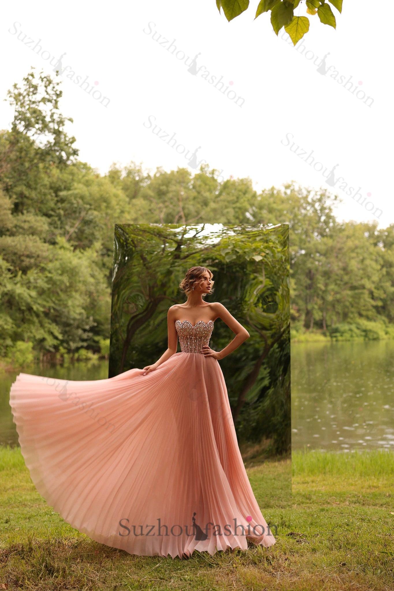 Suzhoufashion Women Strapless A Line Prom Dress Beaded Pink Corset Formal Dress suzhoufashion Suzhoufashion Women Strapless A Line Prom Dress Beaded Pink Corset Formal Dress suzhoufashion