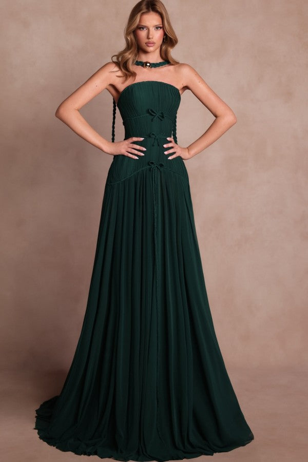 Strapless A-Line Prom Dress with Bow Details and Sweep Train