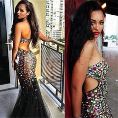 Strapless Backless Evening Dresses Black Tulle Sparykly Crystals Prom Dress