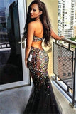 Strapless Backless Evening Dresses Black Tulle Sparykly Crystals Prom Dress