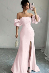 Strapless Bubble Sleeves Long Split Evening Formal Dress With Beading