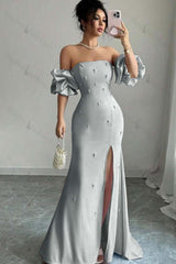Strapless Bubble Sleeves Long Split Evening Formal Dress With Beading