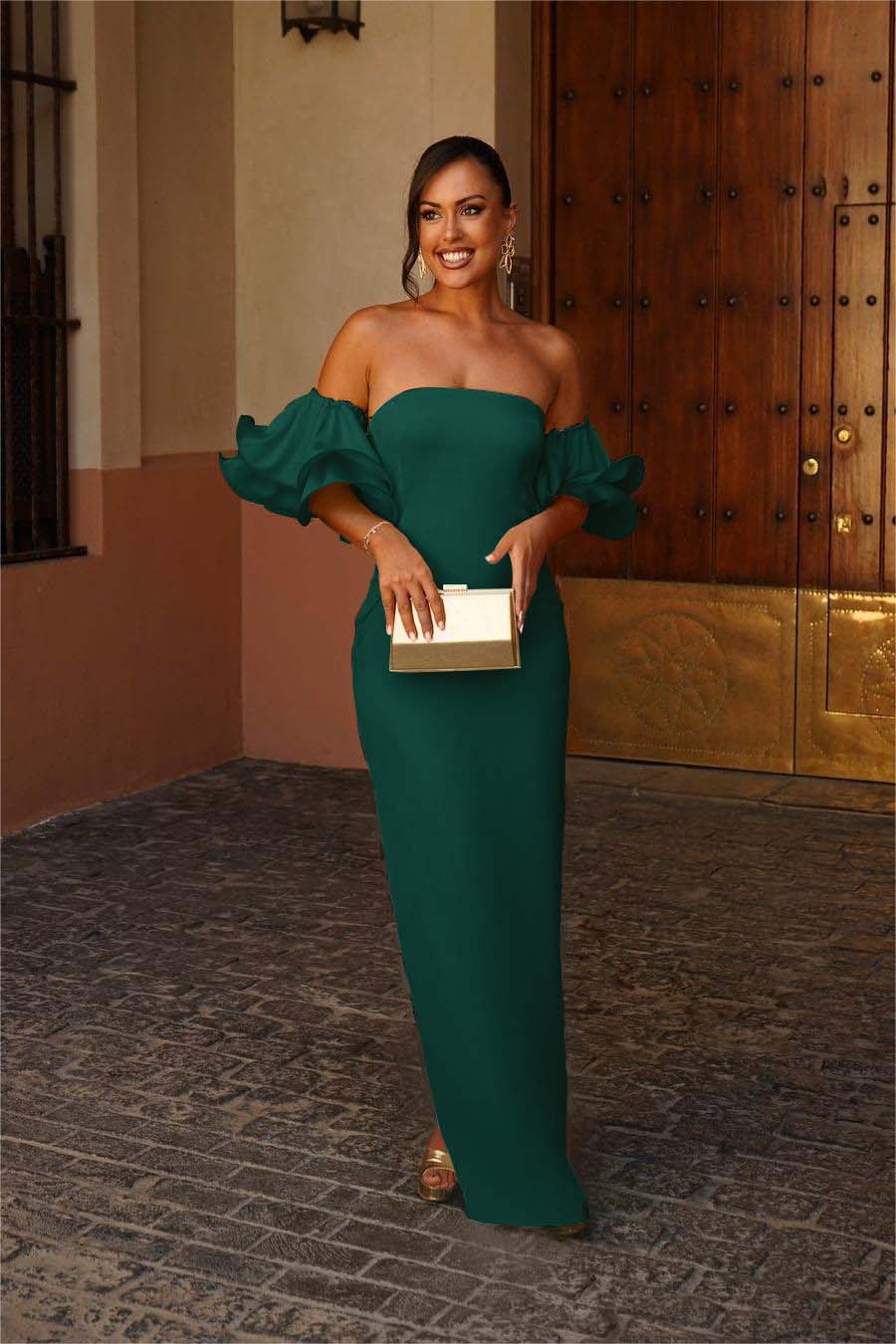 Strapless Bubble Sleeves Mermaid Long Evening Formal Dress With Pleated