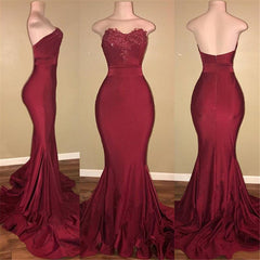Strapless Burgundy Sexy Burgundy Prom Dress | Mermaid Long Train Appliques Evening Gown