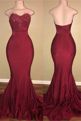 Strapless Burgundy Sexy Burgundy Prom Dress | Mermaid Long Train Appliques Evening Gown