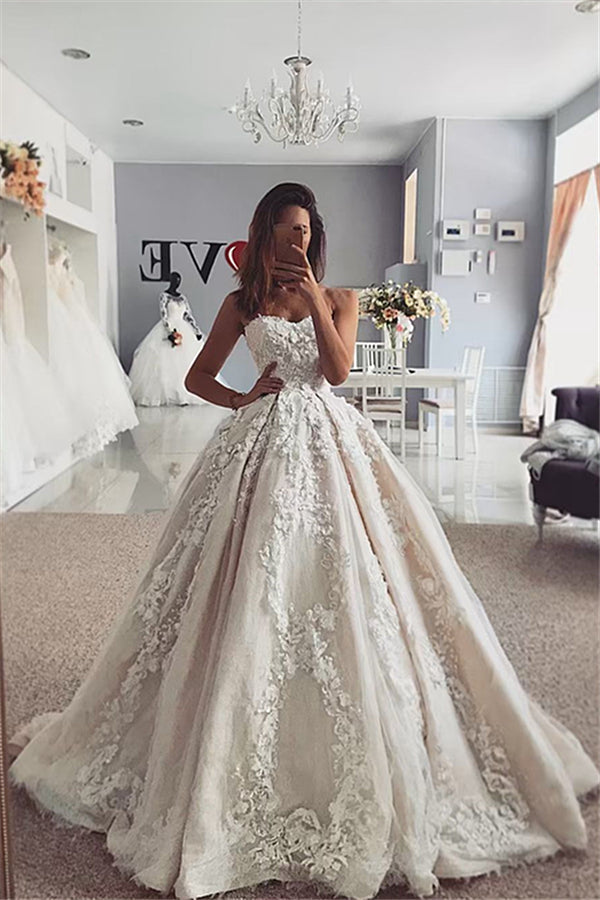 Strapless Flowers Appliques Ball Gown Wedding Dresses | Sexy Sleeveless Bridal Gowns Online with Sweep Train