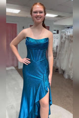 Strapless Fuchsia Prom Dress Corset Long Formal Dress With Slit