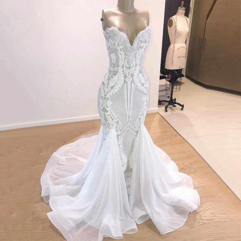 Strapless Lace Appliques Wedding Dresses | Memraid Sleeveless White Bridal Gowns Online