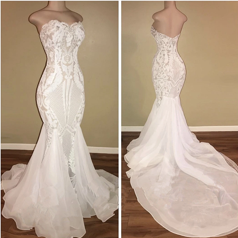 Strapless Lace Appliques Wedding Dresses | Memraid Sleeveless White Bridal Gowns Online