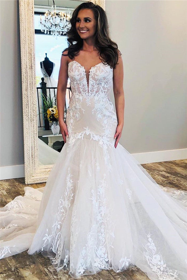 Strapless Lace Appliques Wedding Dresses | Mermaid Sleeveless Bridal Gowns