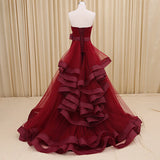 Strapless Lace-Up Organza Evening Dresses Tiered Flower Elegant Prom Gowns