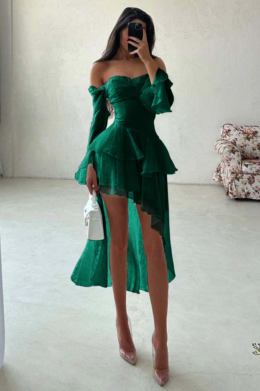 Strapless Long Sleeves Off the Shoulder Short Evening Formal Dress With Ruffled