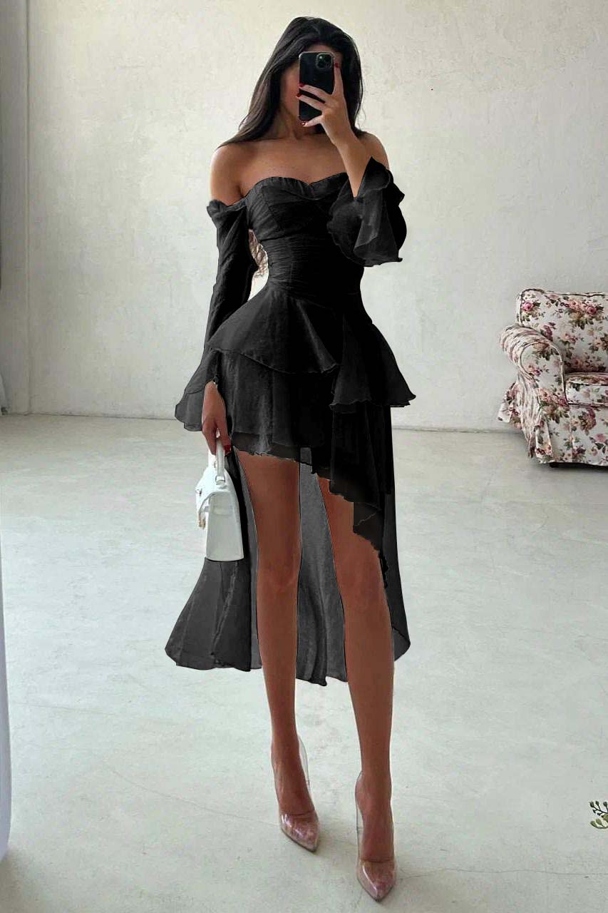 Strapless Long Sleeves Off the Shoulder Short Evening Formal Dress With Ruffled