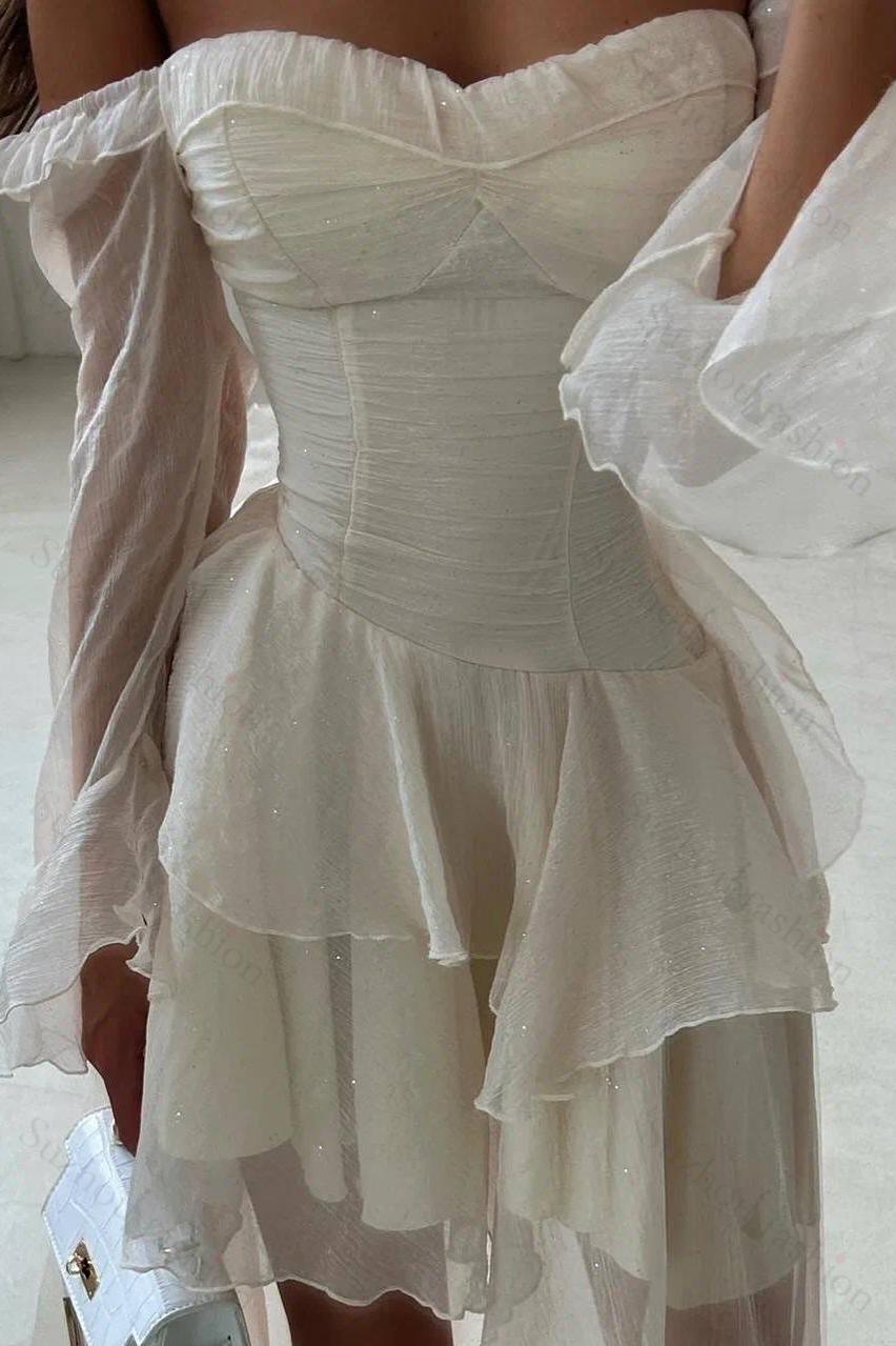 Strapless Long Sleeves Off the Shoulder Short Evening Formal Dress With Ruffled