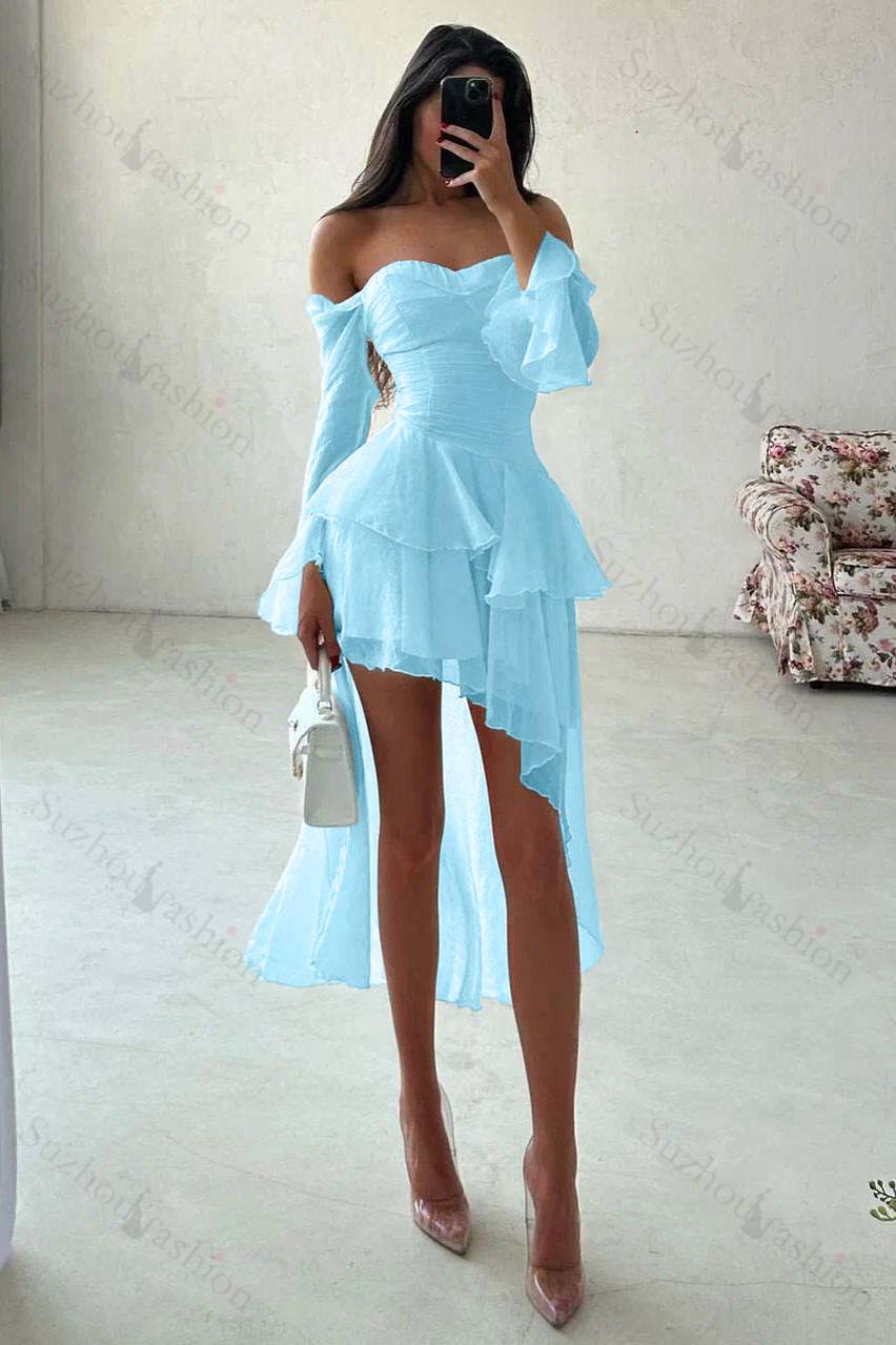 Strapless Long Sleeves Off the Shoulder Short Evening Formal Dress With Ruffled