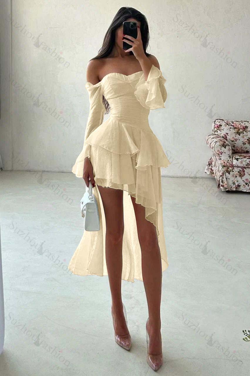 Strapless Long Sleeves Off the Shoulder Short Evening Formal Dress With Ruffled