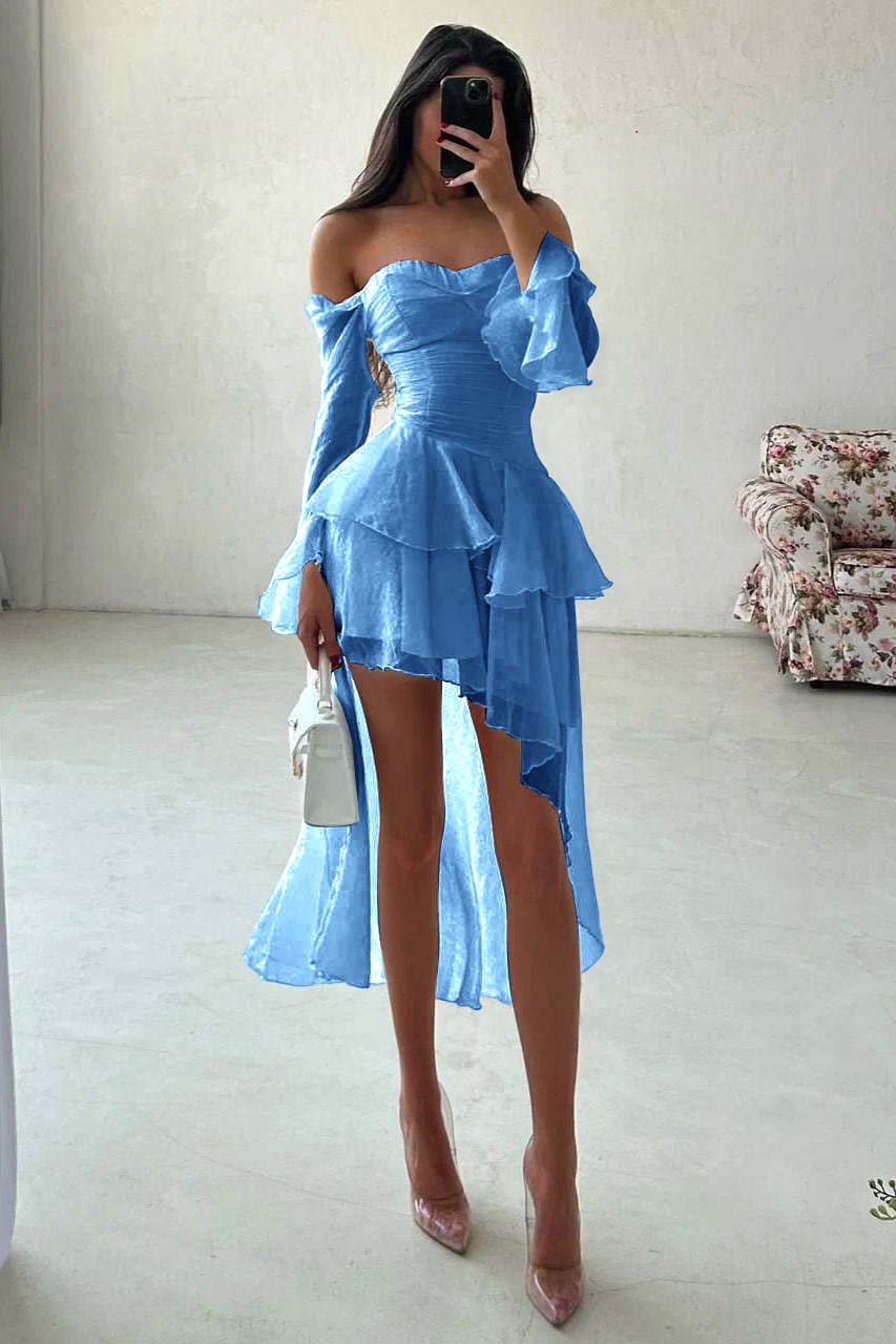 Strapless Long Sleeves Off the Shoulder Short Evening Formal Dress With Ruffled