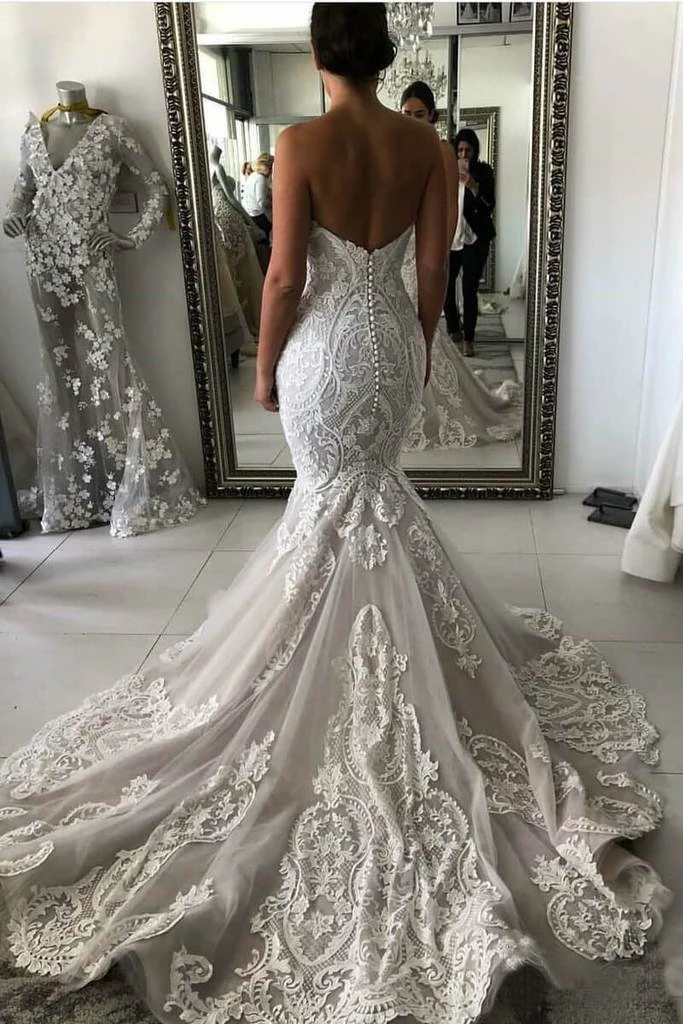 Strapless Mermaid Lace Appliques Wedding Dresses | Sexy Open Back Bridal Gowns