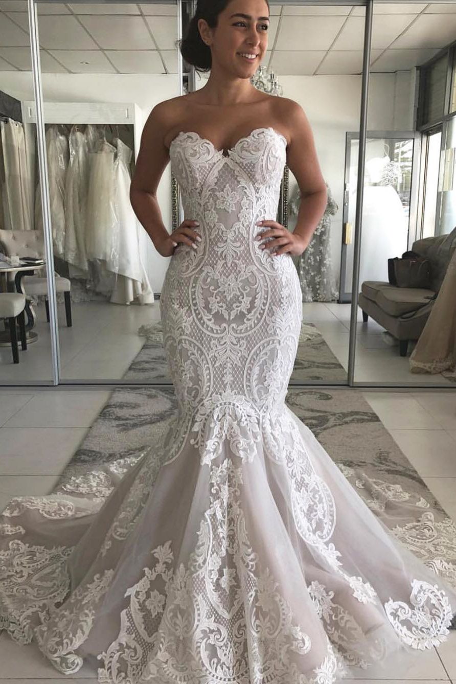Strapless Mermaid Lace Appliques Wedding Dresses | Sexy Open Back Bridal Gowns