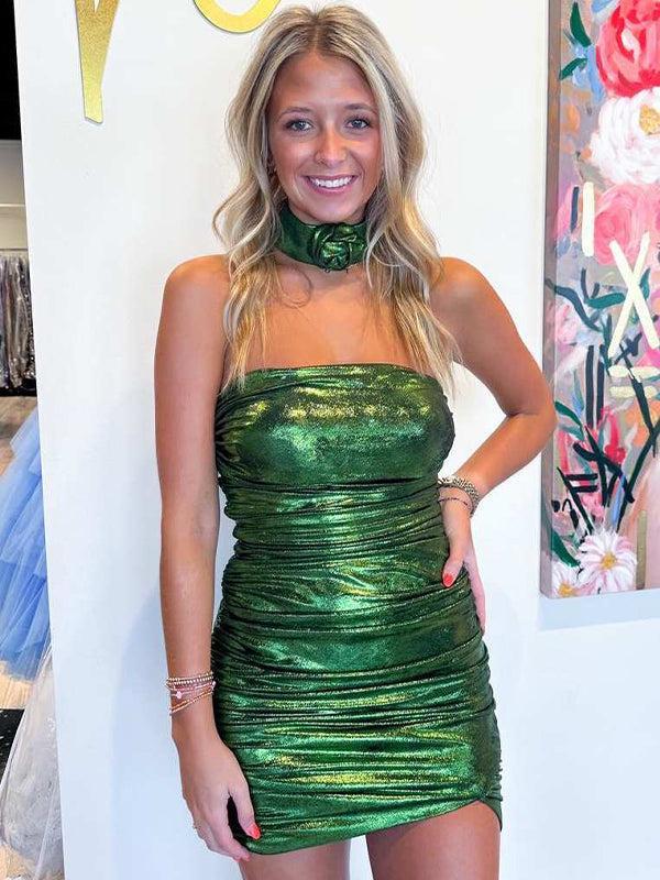 Strapless Metallic Bodycon Homecoming Dress with Flower