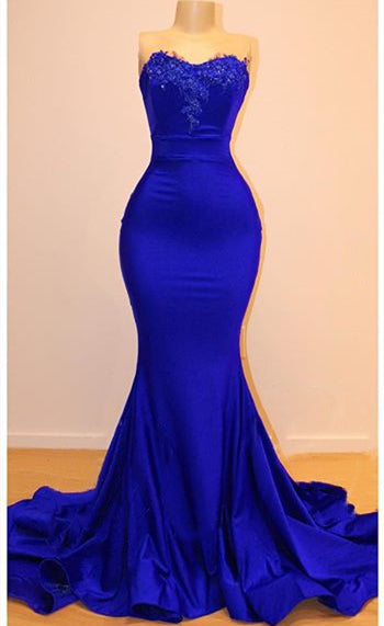 Strapless Open Back Royal Blue Prom Dress | Mermaid Lace Applqiues Sexy Formal Dresses