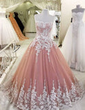 Strapless Pearl Pink Lace appliques Evening Dresses Ball Gown Tulle Prom Gowns