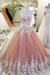 Strapless Pearl Pink Lace appliques Evening Dresses Ball Gown Tulle Prom Gowns