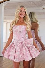 Suzhoufashion Strapless Pearl-Trimmed Floral Jacquard Short Homecoming Dresses with Side Bow