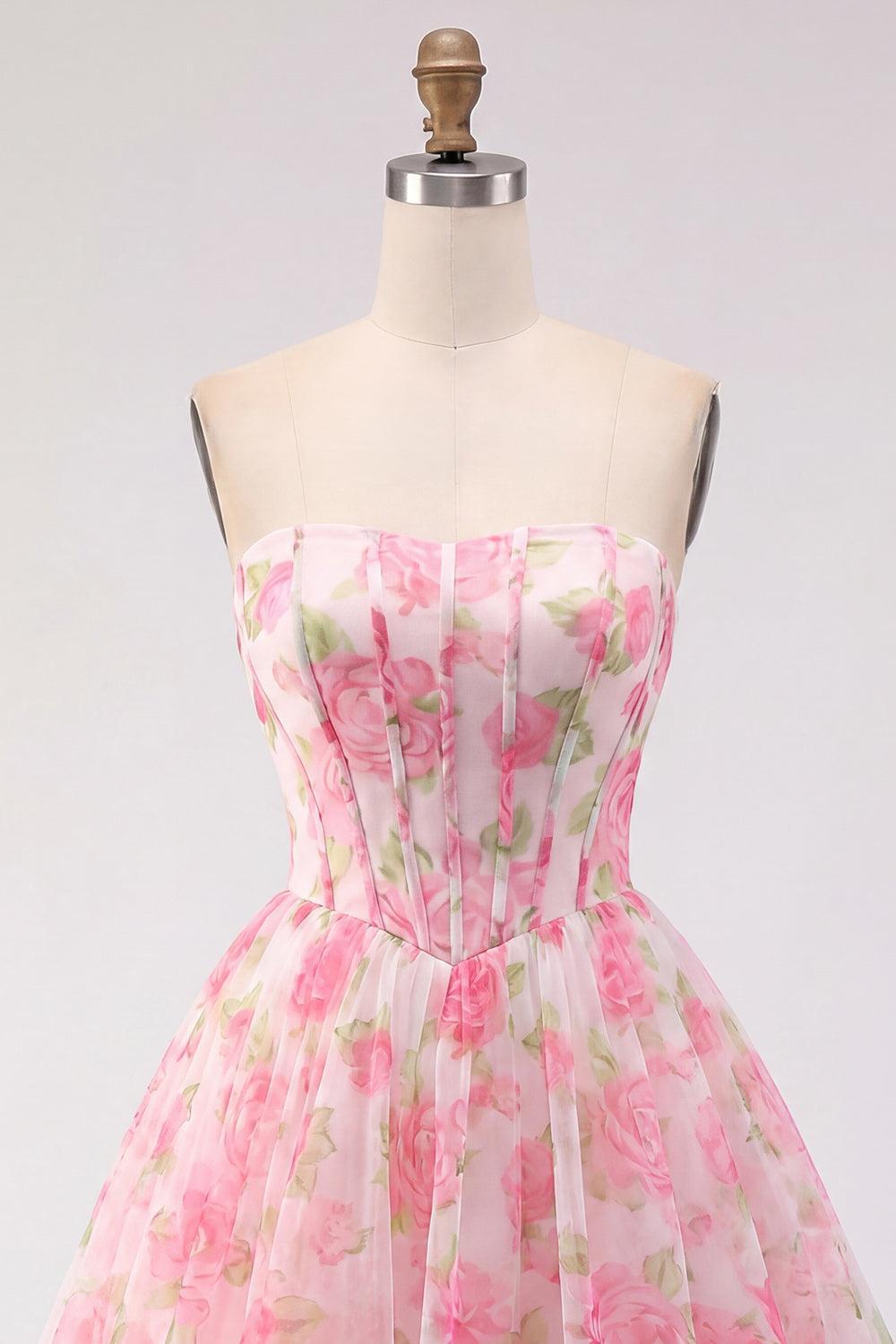 Strapless Pink Floral Corset Short A Line Homecoming Dress