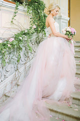 Strapless Pink Ruffles Wedding Dresses New Arrival Sleeveless Bridal Gowns with long Train