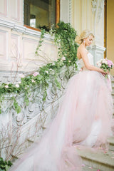 Strapless Pink Ruffles Wedding Dresses New Arrival Sleeveless Bridal Gowns with long Train