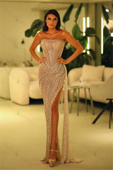 Strapless Prom Dress Mermaid Beaded Sleeveless Long Evening Formal Dress With Side Split