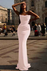 Strapless Prom Dress Red Sleeveless Pleated Mermaid Evening Formal Dress